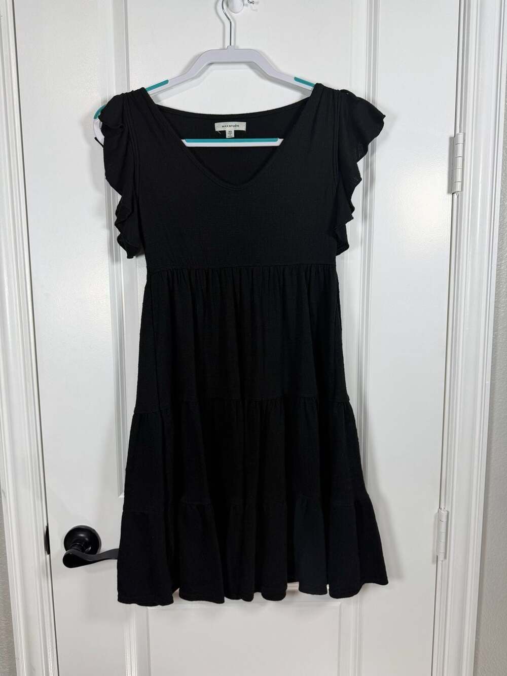 Max Studio Black Ruffle Flutter Cap Sleeve Tiered Babydoll Midi Dress
